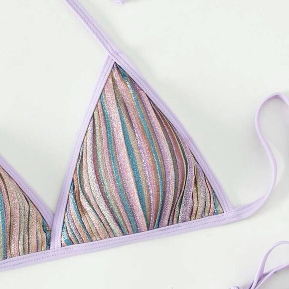 Pastel Mermaidcore Barbiecore Striped Metallic Halter Triangle Bikini - Picture 5 of 9